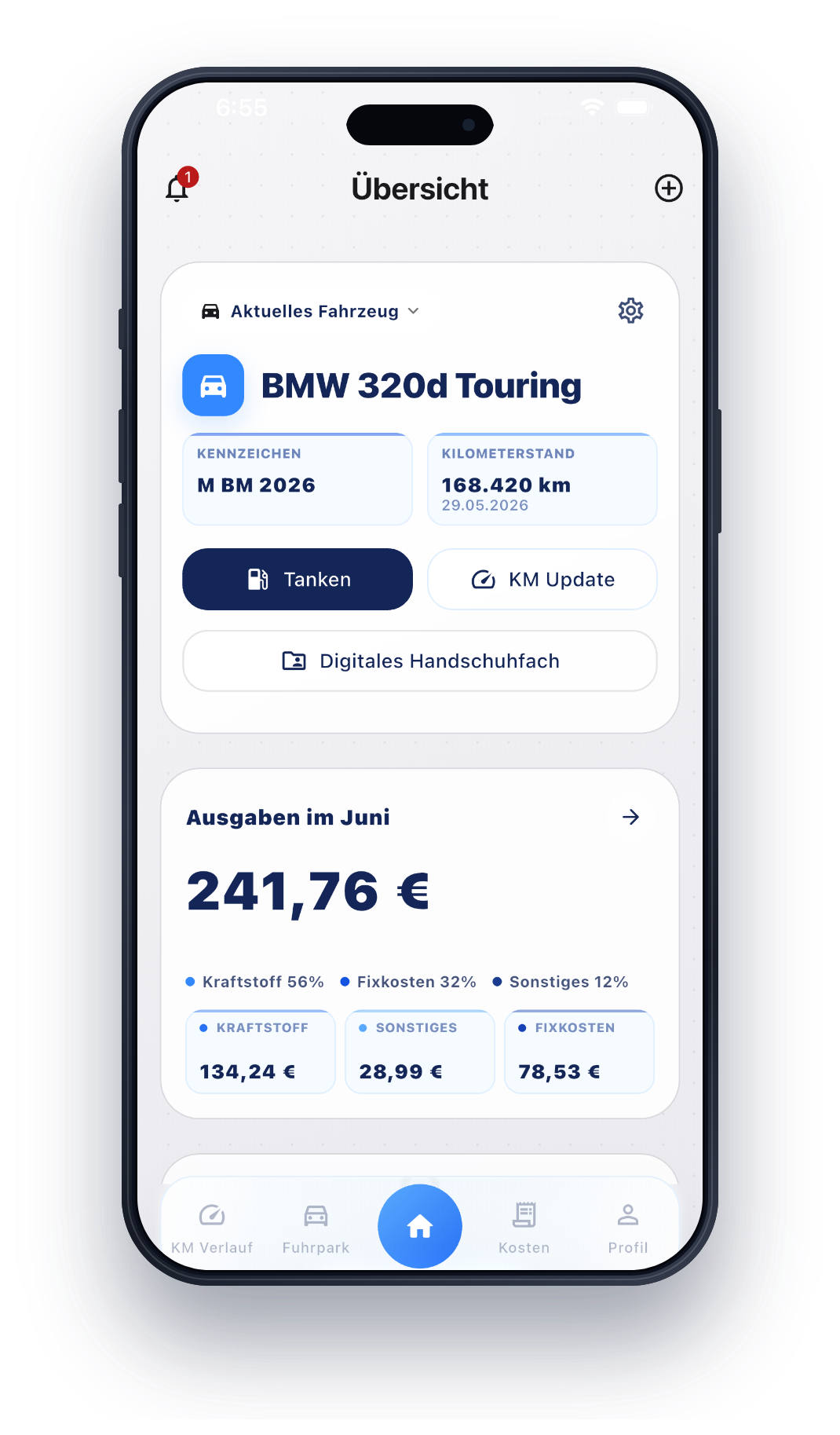 Carvuro App – Startscreen mit aktuellem Fahrzeug, Sofortaktionen und Monatskosten